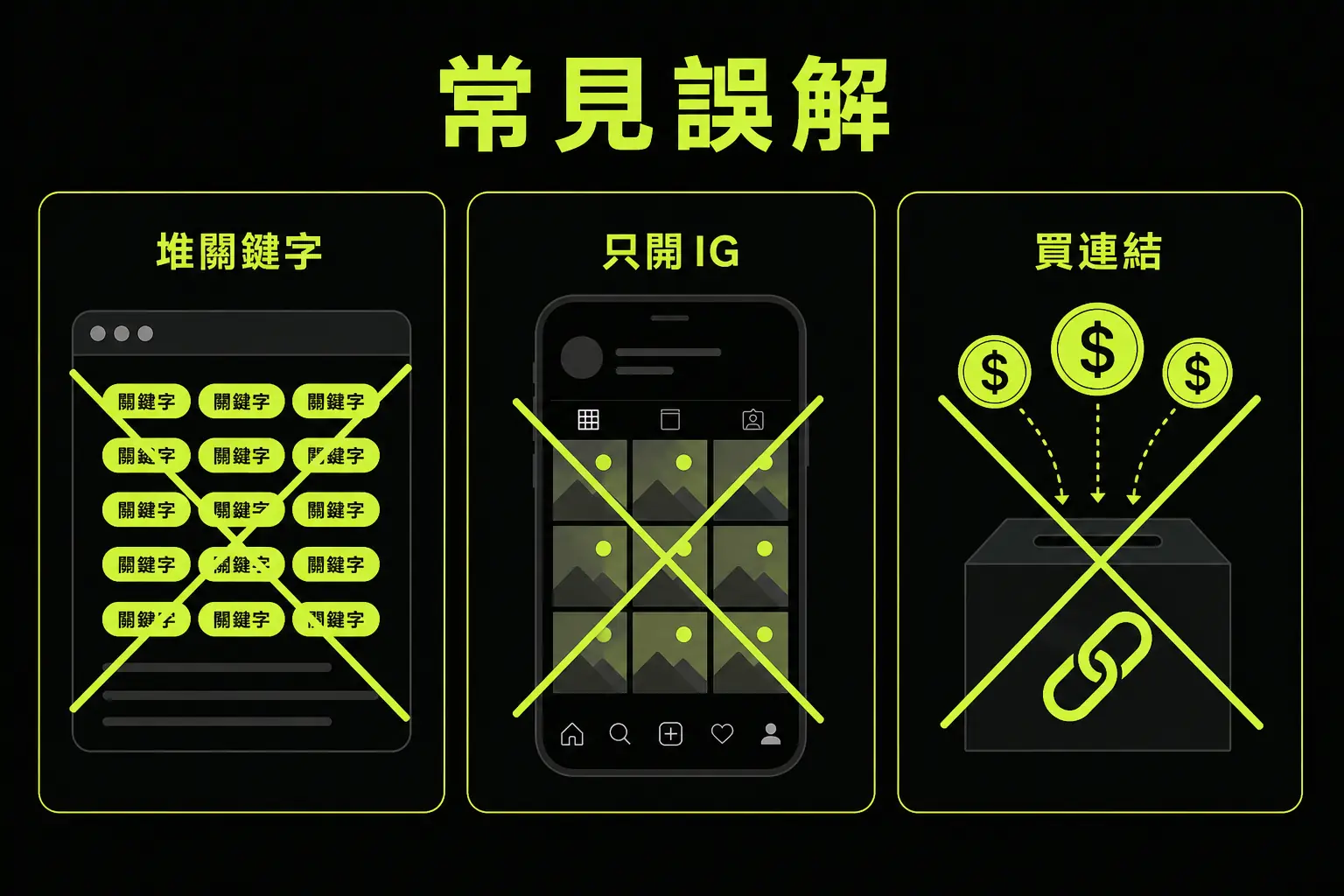 常見 SEO 誤區與修正方向示意